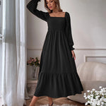 Solid Color Long Sleeve Dress Square Neck Lotus Leaf Maxi Dress