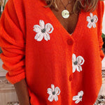 Ladies Long Sleeve Cardigan Embroidered V-Neck Knit Sweater