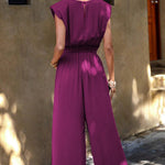Rose Red Padded Shoulder Slant Pocket Wide Leg Jumpsuit