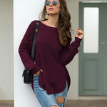 Nadorine Crew Neck Long Sleeve Slit Pullover Knit Sweater