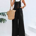Solid Color Sleeveless Sling Pocket Wide Leg Side Button Plus Size Jumpsuits