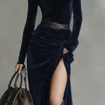 Women's Elegant Navy Blue Velvet High-neck Long-sleeved Slim-fit Maxi Dress With A Slit