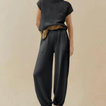 Two Piece Matching Sets Short Sleeve Pullover Tops Solid Color High Waisted Lounge Pants