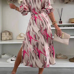Elegant Ease Satin Printed Tie-Waist Midi Dress