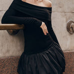 Long Sleeve Off Shoulder Panel Puff Mini Dress