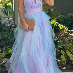 LAVENDER AND BLUE RUFFLED MESH MAXI DRESS