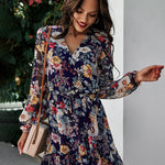 V-neck Long-sleeved Chiffon Print Dress