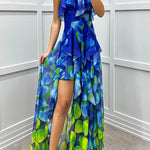 Loving Moment Gradient Unique Print Flowing Layered Ruffles Strapless Slit Maxi Dress