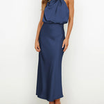Long Formal Satin Dress Mock Neck High Neck Evening Dress