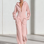 Casual Warm Fleece Color Block Long-Sleeved Hooded Jumpsuit