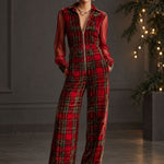 Retro Long-sleeved Mesh Red And Green Plaid Velvet Wide-leg Jumpsuit