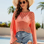 Nadorine Women's Crochet Hollow Out Long Sleeve Beach Bikini Swimsuit Mesh Cover Up Tunic Top
