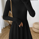 Long-Sleeve High Neck Plain Ribbed Midi A-Line Knit Dress