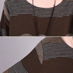 Artistic Retro Loose Ramie Cotton Striped Multi-Colored Round-Neck Long Sleeves Midi Dress