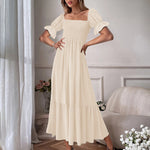 Ruffle Puff Sleeve Smocked Dress Square Neck Long Sleeve High Waist Flowy Maxi Dress
