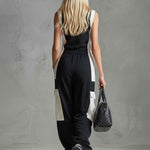 Casual Retro Sporty Black And White Color-blocked V-neck Half-zip Jumpsuit