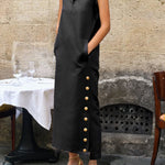 Sleeveless Buttoned Solid Color Split-side Stand Collar Maxi Dresses Shirt Dress