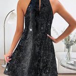 A-Line Loose Hollow Sequined Solid Color Halter-Neck Mini Dresses