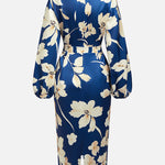 Loose Puff Sleeves Floral Printed Pleated Split-Joint V-Neck Midi Dresses