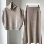 Nadorine Women's Casual Two-piece Outfits Turtleneck Sleeveless Sweater Vest and Mid-length Skirts Sets