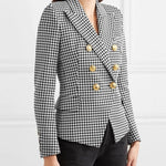 Houndstooth Double Breasted Button Down Notch Collar Blazer Jacket with Pockets