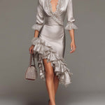 Ruffled Satin Asymmetrical Hem Midi Dress