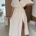 Linen Blend Solid Color V-neck Short Sleeve Waist Loose Slit Midi Dress