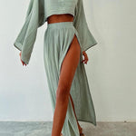 Chic slit cotton and linen casual two-piece set