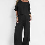 Two-piece Set Loose Vacation O-neck Half Sleeve Solid Tops Casual Wide Leg Pants Suits