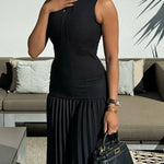 Bodycon Sleeveless Hollow Pleated Solid Color Split-Joint Mock Neck Maxi Dresses
