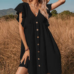 V Neck Loose Spring Summer Ruffle Trimed Button Smock Sleeveless Mini Vest Dress