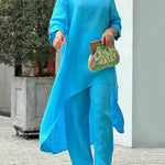 Two Piece Set Casual Retro Loose Long-sleeved Irregular Blouse and Loose Pants