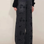 Jhenie Denim Beaded Sequin Floral Pattern Mid Rise Pocket Wide Leg Jeans