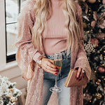 Rose Tan Open Front Long Sequin Bell Sleeves Cardigan