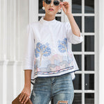 Casual Three-Quarter Sleeves Loose Embroidered Stand Collar Blouses&Shirts Tops