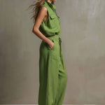 Casual Retro Green Cotton Linen Sleeveless Zip-up Shirt And Wide-leg Pants Set