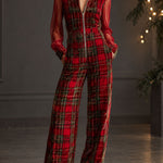 Retro Long-sleeved Mesh Red And Green Plaid Velvet Wide-leg Jumpsuit