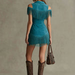 Western Retro Peacock Blue Faux Suede Hollow-Out Tassel Mini Dress