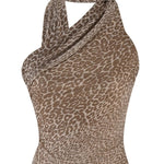 Slant-shoulder Leopard Print Halter Back Maxi Dress