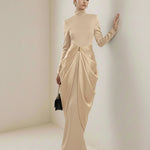Long Sleeves Buckle Draped High-Neck Evening Dresses Maxi Dresses