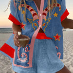 Capricorn Print Loose Buttoned Elastic Waist Shorts Set