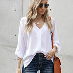 Nadorine V-Neck Long Sleeve Buckle T-Shirt Plain Shirts Shirt Top Elegant Shirts Casual Slim Fit Basic