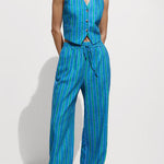 Linen Blend Striped Button Halter Backless Vest and Elastic Waist Pocket Pants Set