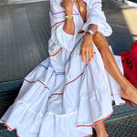 A-Line Long Sleeves Buttoned Contrast Color Elasticity Mock Neck Maxi Dresses