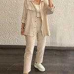 Nadorine Double Crepe Loose Oversized Lapel Long Sleeve Shirt Casual Pants Set