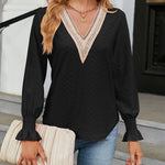 Solid Color Lace Patchwork V-Neck Loose-Fitting Long-Sleeved T-Shirt Top