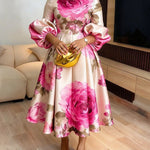 A-Line Long Sleeves Elasticity Flower Print Pleated Mock Neck Maxi Dresses