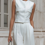 Crisp White Tailored Vest & Wide-Leg Culottes Two-Piece Set