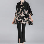 Original Crane Printed Buttoned Stand Collar Half Sleeves Blouse