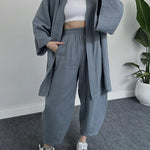 Nadorine Women's Casual Loungewear Set Solid Color Loose Long Sleeve Kimono Cardigan and Pants